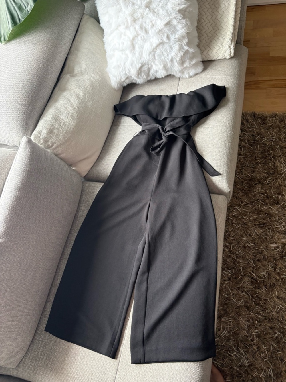 Aritzia Black Off-Shoulder Wide-Leg Jumpsuit with Waist Tie